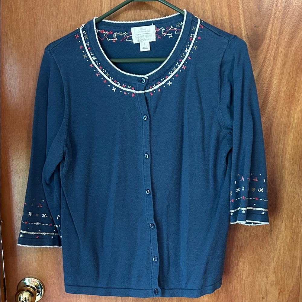 Vintage Christopher & Banks Hand Embroidered Navy Cardigan size large